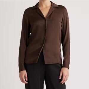 Quince Washable Stretch Silk Notch Collar Blouse Hot Fudge Brown Small